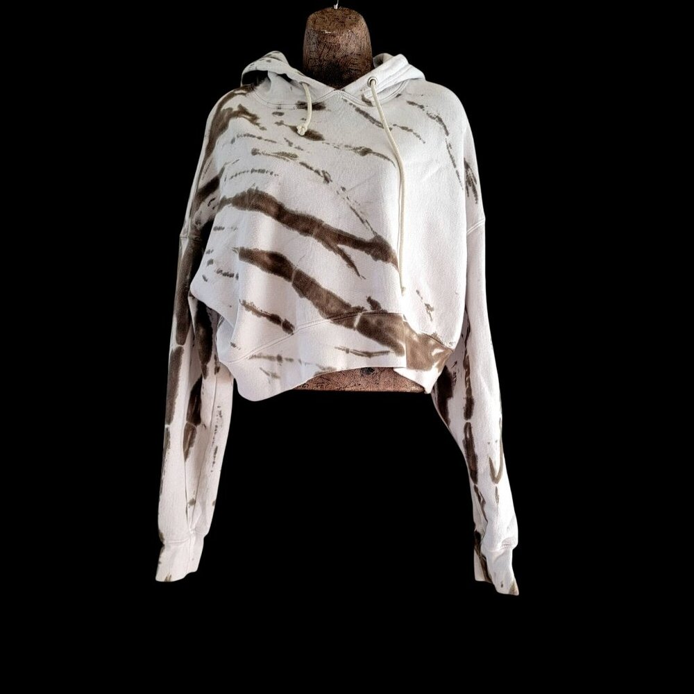 Good American Cropped Tie Dye Hoodie Sweatshirt Soft White Brown Size 3